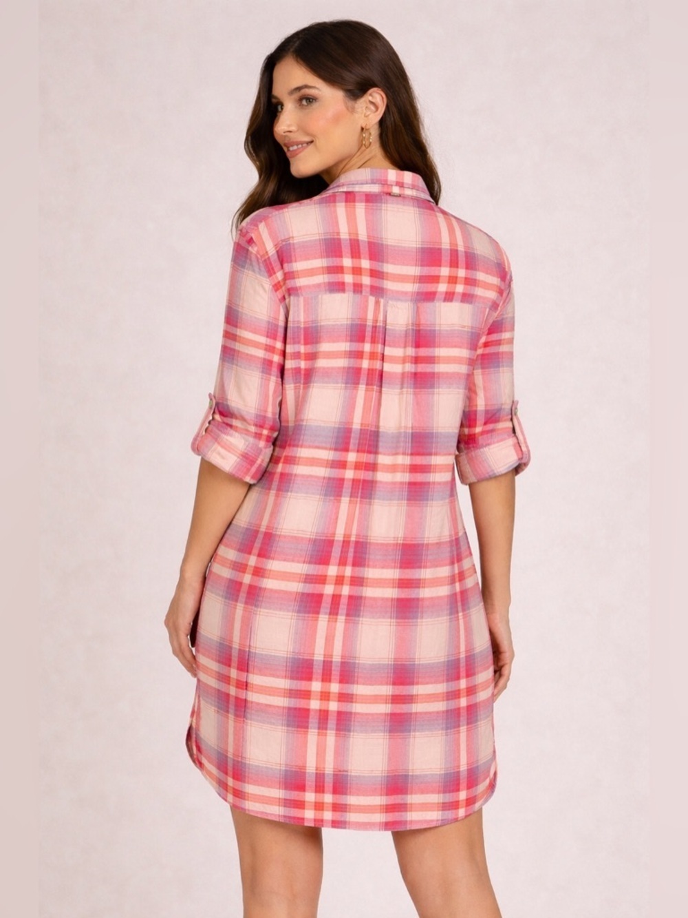Elan Plaid Shirt Dress Medium Pink Roll Tab Sleeve Pocket Tunic Coastal Vacation - Picture 4 of 10